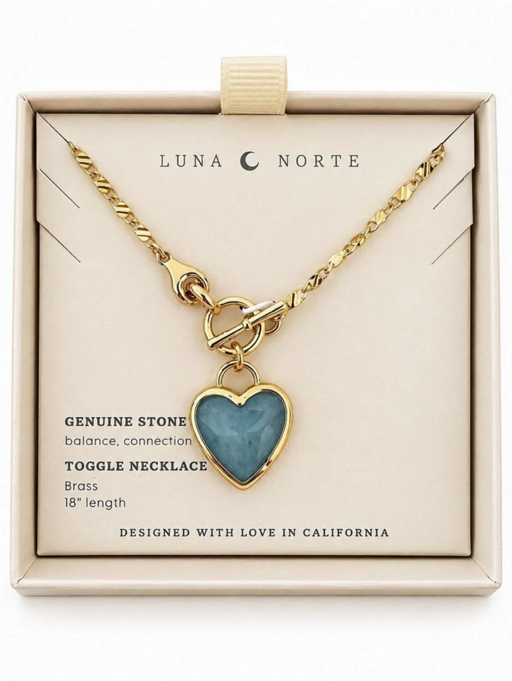 Luna Norte Genuine Stone Blue Heart Toggle Necklace Gold Tone 18in Boho